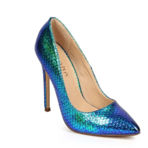 High-heeled stiletto shoe with a shiny pattern and pointed toe, displayed on a white background.