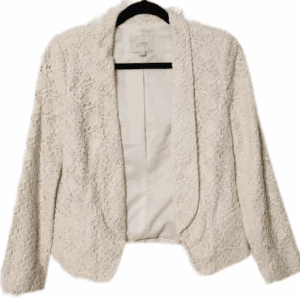 The (Loft) Lace Open Front Blazer in ivory features long sleeves and an open front, displayed on a hanger against a white background.
