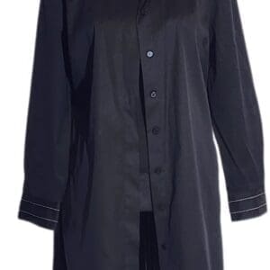 Black button-up dress shirt with white stitching on the collar and cuffs, displayed on a mannequin.