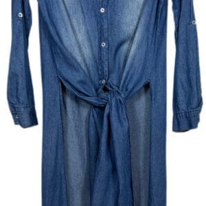 Blue denim long-sleeve shirt dress on a hanger, featuring button-down front and a tie-waist detail.