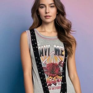 A woman with long hair wears a gray sleeveless top with a graphic design and black straps, standing against a pink and blue gradient background.