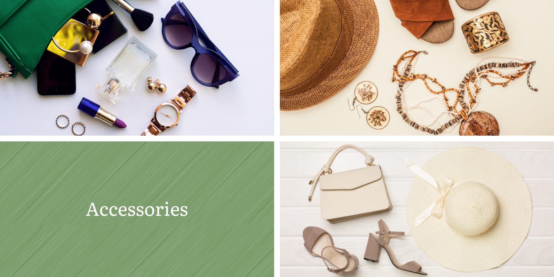Collage of accessories: top left with cosmetics, top right with jewelry and hats, bottom left text saying "Accessories," bottom right with shoes, bag, and hat.