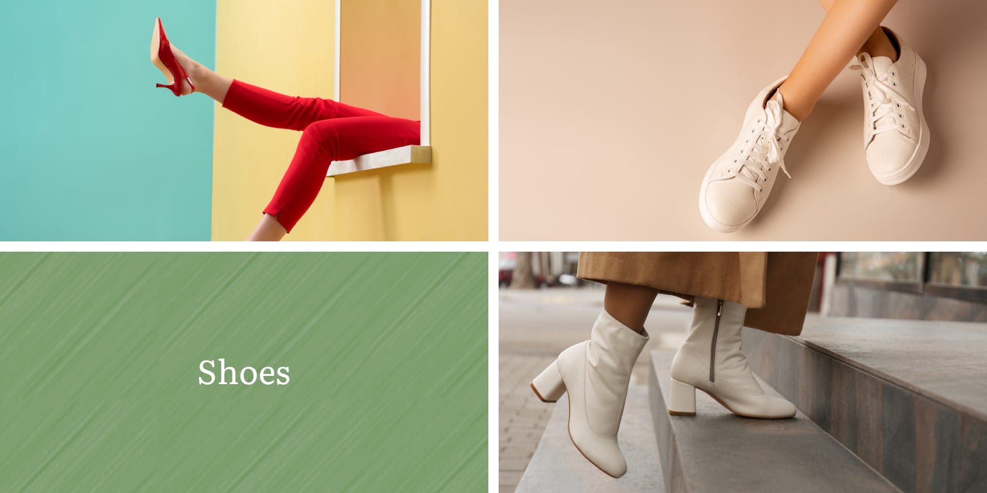 Collage of three images: legs in red heels against yellow wall, white sneakers on beige floor, and white boots on steps. Green section with text "Shoes.