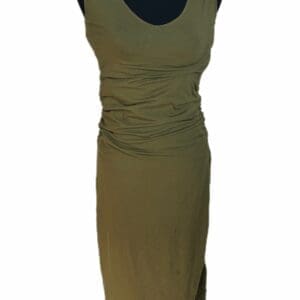 The Army Green Sleeveless Gathered Dress features a scoop neckline, ruched sides, and midi length, shown on a black dress form.