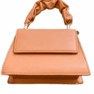 The Small Peach handle is a peach-colored handbag with a structured shape and ruched top handle, shown against a white background.