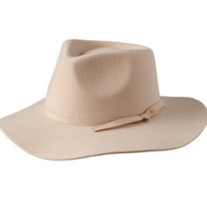 A small peach fedora hat with a wide brim and matching ribbon accent, showcased against a white background.