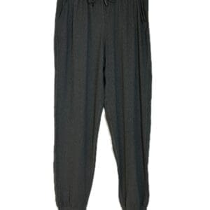Dark Grey Joggers with an elastic waistband, drawstring, side pockets, and ribbed cuffs are shown hanging on a black hanger.