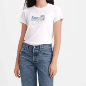 A person in a White tee W Brand Printed T-shirt and blue jeans stands against a plain background.