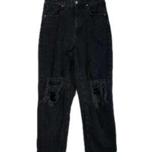 The Black Ripped Knee jeans feature front pockets, belt loops, and distressed detailing with frayed holes at the knees.