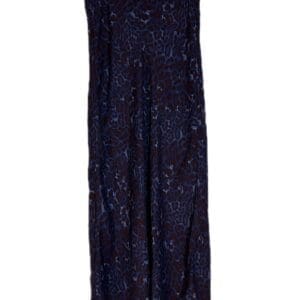 Navy Blue Brown Cheetah Print Pants hang on a black hanger against a white background.