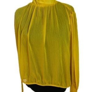 Tie Neck Top: Sheer yellow long-sleeve blouse with a high neck and gathered details, shown on a black mannequin.