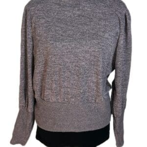 The Misses Long Sleeve Mock Neck Sweater W Pearl Sleeves in light purple-gray features ribbed cuffs and hem, a mock neck, and is shown on a black dress form.