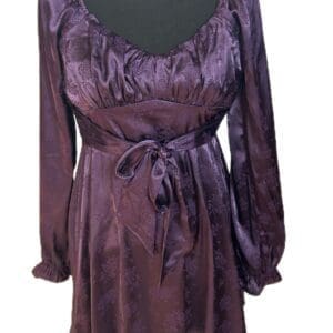 A Silky Long Sleeve Dress in purple satin, featuring a gathered bust and tied waist bow, is displayed on a black hanger.