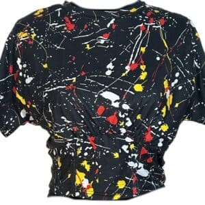 Black crop top with vibrant multicolor splatter design.