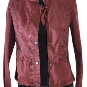 A maroon Mini Flowers Top with long sleeves, button-up front, front pockets, and a tie at the collar, shown on a black mannequin.
