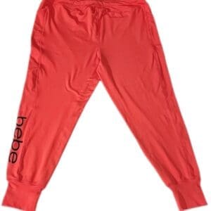 Red jogger pants with an elastic waistband and cuffs, featuring the "Red w/BeBe on Lg" logo on the left leg.