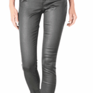 Someone wears the Zippered Glossy Denim Legging, featuring shiny black fabric and zipper pockets, shown from waist to ankles against a white background.