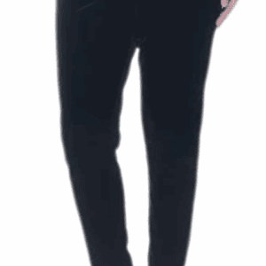 Model wearing Faux Velour Pants in black, paired with beige strappy heels, one hand on hip, posing against a white background.