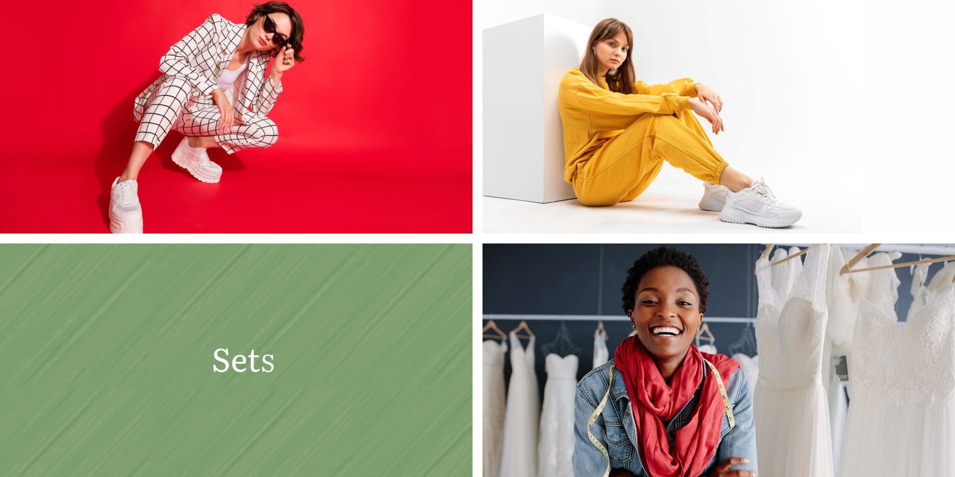 A collage of four images: a person in a plaid suit on a red background, a person in a yellow outfit sitting, the word "Sets" on green, and a person smiling in front of white dresses.