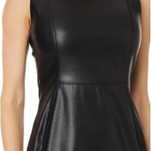 A sleeveless black faux leather dress with a fitted bodice and seam detailing, shown on a person from the shoulders to mid-thigh.