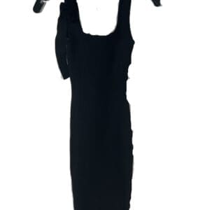 Sleeveless, ribbed black dress with a square neckline, knee-length hem, and flower detail on the left shoulder, displayed on a black hanger against a white background.