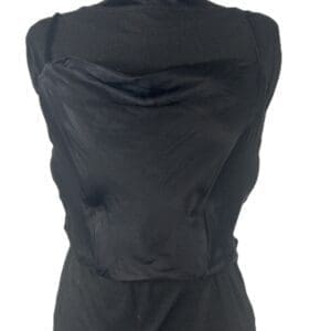 A sleeveless black dress displayed on a mannequin, featuring a draped satin-like panel on the bodice.
