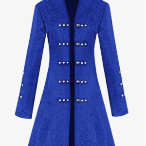 A royal blue, brocade-patterned long coat with a high collar and decorative silver buttons arranged in double rows on the front and sleeves.