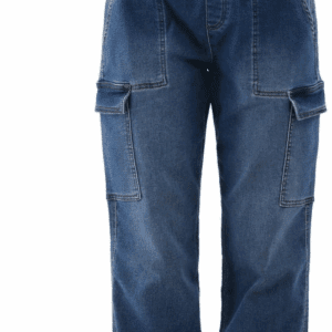 Blue denim cargo pants with an elastic waistband, large front pockets, side cargo pockets, and elastic cuffs at the ankles.