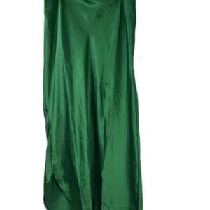 A green satin midi skirt hangs on a black hanger against a white background.