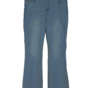 Light blue denim jeans with a slight flare, front button and zipper, and five-pocket design, hanging on a black clothes hanger against a plain white background.