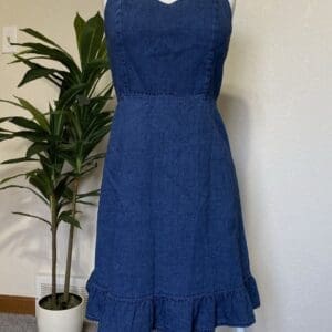A sleeveless blue denim dress with a fitted bodice, flared skirt, and ruffled hem is displayed on a mannequin. A potted plant is in the background against a plain wall.