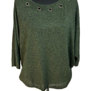 Dark green long-sleeve knit top with metal eyelet details along the neckline and a tie at the hem, displayed on a mannequin.