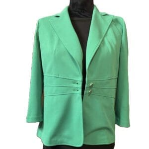 Green women's blazer with three-quarter sleeves, double decorative waist clasps, and a notched collar, displayed on a black mannequin torso.