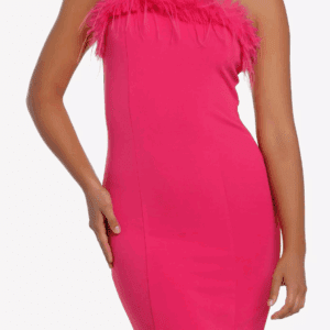 A person wearing a sleeveless, fitted, hot pink dress with thin straps and a feather trim along the neckline.