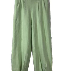Light green, loose-fitting pants with pleats at the waist and ankle-length ballooned legs, displayed on a hanger against a white background.