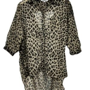 A sheer, long-sleeve blouse with a leopard print pattern, button-down front, single chest pocket, and high-low hem, displayed on a wooden hanger.
