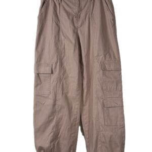 Light brown cargo pants with multiple pockets, elastic drawstrings at the ankles, and a button closure, hanging on a black hanger against a white background.