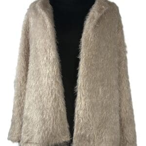 A beige, long-sleeved faux fur jacket displayed on a black mannequin torso against a white background.