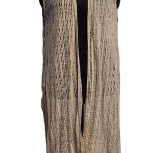 Sleeveless beige open-front vest with vertical textured stripes, displayed on a black dress form. The vest has an asymmetrical hem, longer in the back.