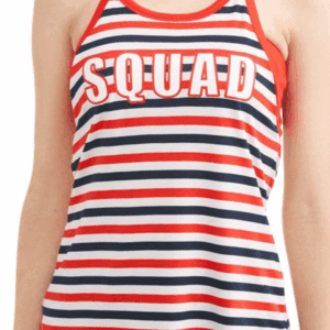 A person wearing a red, white, and navy striped tank top with red trim and the word "SQUAD" printed across the chest in bold letters.