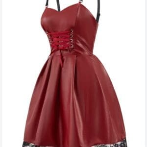 A sleeveless, burgundy faux leather dress with black adjustable straps, lace-up corset front, pleated skirt, and black lace trim at the hem.
