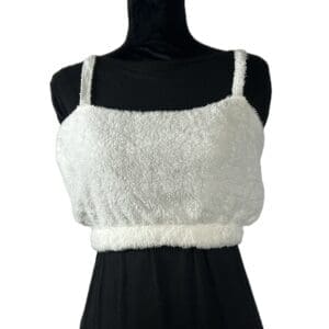 A white, fuzzy cropped tank top with thin straps displayed on a black mannequin torso against a white background.
