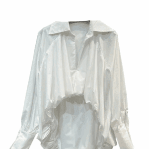 A white long-sleeve blouse with a high-low hem, oversized sleeves, ruffled edges, and a wide collar, displayed against a plain white background.