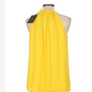 A yellow sleeveless halter top with a gathered neckline is displayed on a dress form, viewed from the back.