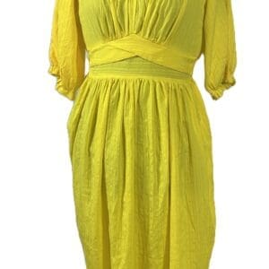 A yellow, knee-length dress with puffed short sleeves, a gathered bodice, and a fitted waistband displayed on a mannequin.