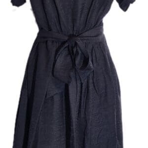 A black short-sleeve dress with a waist tie, viewed from the back, displayed on a mannequin against a white background.