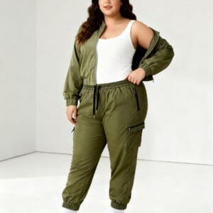 A person wearing a white tank top, an olive green jacket, and matching Army Green Parachute Pants with zippered cargo pockets.