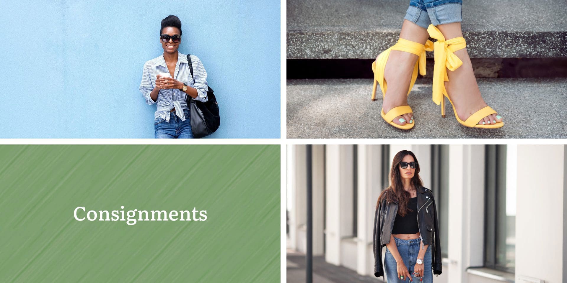 A collage with a woman holding a phone, yellow high-heeled shoes, the word “Consignments” on a green background, and a woman in a leather jacket and jeans.