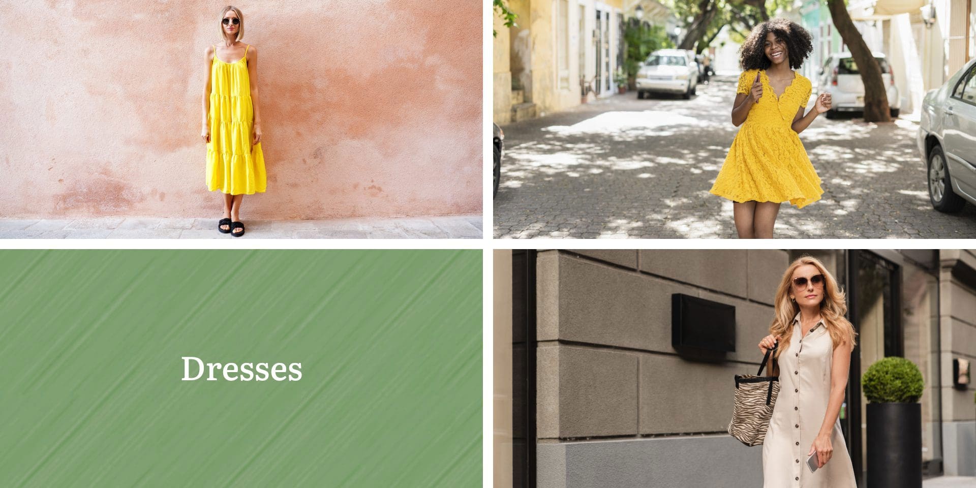 A collage shows three women wearing different dresses and a green square with the word "Dresses" in white text.