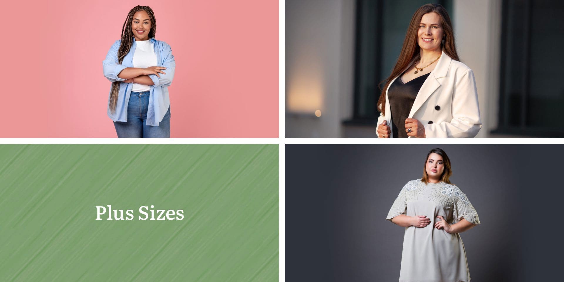 A collage featuring three women of different body types posing confidently, with a text box reading "Plus Sizes" on a green background.